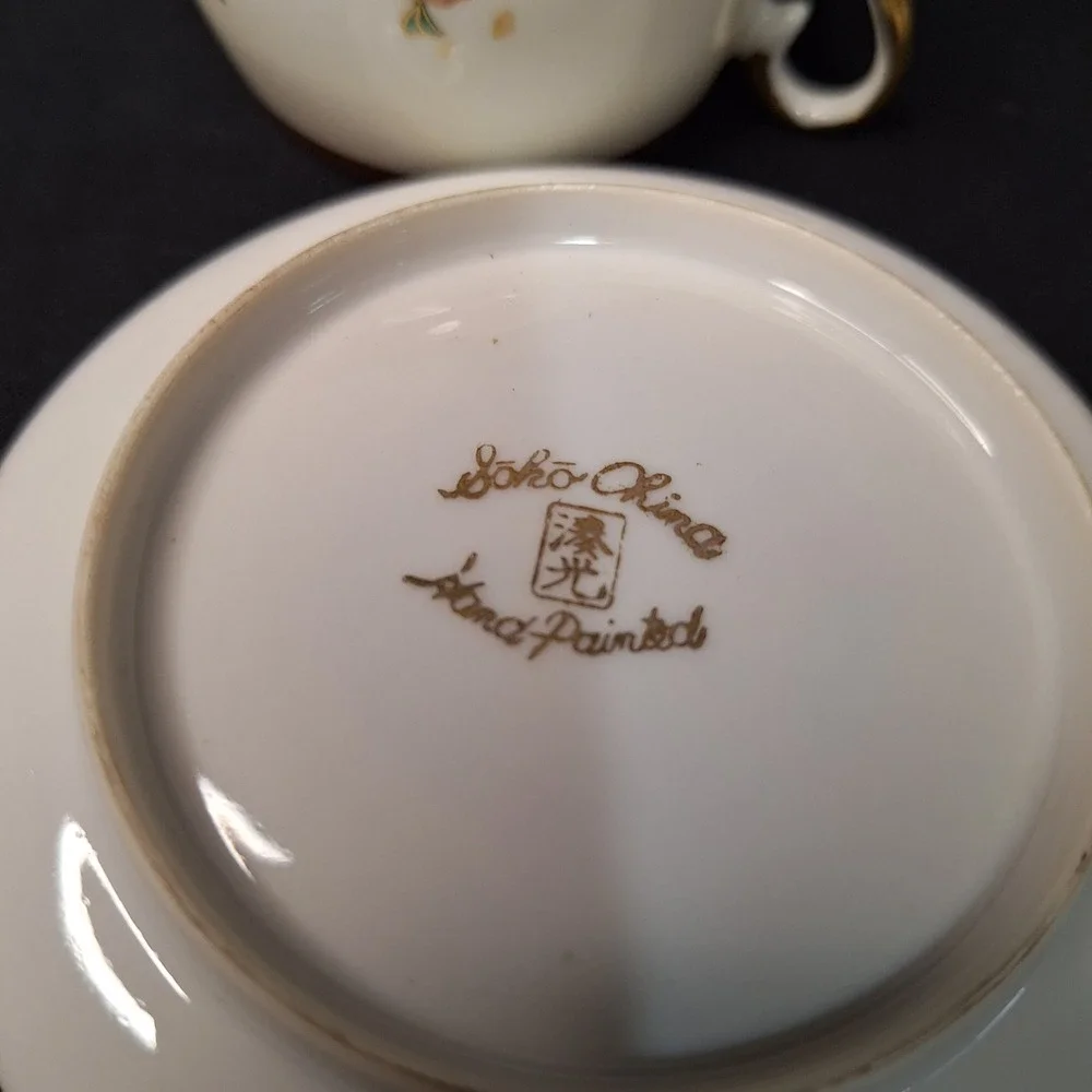 Vintage Set of 2 Soko China Hand Painted Eggshell Porcelain Demitasse Cup Saucer